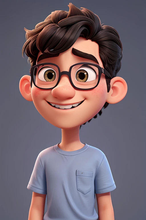 Gere uma imagem de um jovem adulto de 25 anos com um estilo visual inspirado nos filmes "UP!" e "Ratatouille" da Pixar. He wears black glasses and has an elongated nose.. Your hair is wavy and cut short. The boy is wearing a simple beige sweatshirt and is smiling with a wide smile that displays Pixar&#39;s signature teeth., como se ele estivesse a falar. His brown eyes are large and expressive. Make sure the guy is looking directly at the camera. The lighting in the scene consists of a frontal light that illuminates the boy&#39;s face., highlighting your facial features in a friendly way. Ademais, there is a bluish light coming from the side, adicionando um toque sutil de cor e criando um ambiente visualmente atraente. The scenery is composed of a smooth gray backround as if it were a cloth