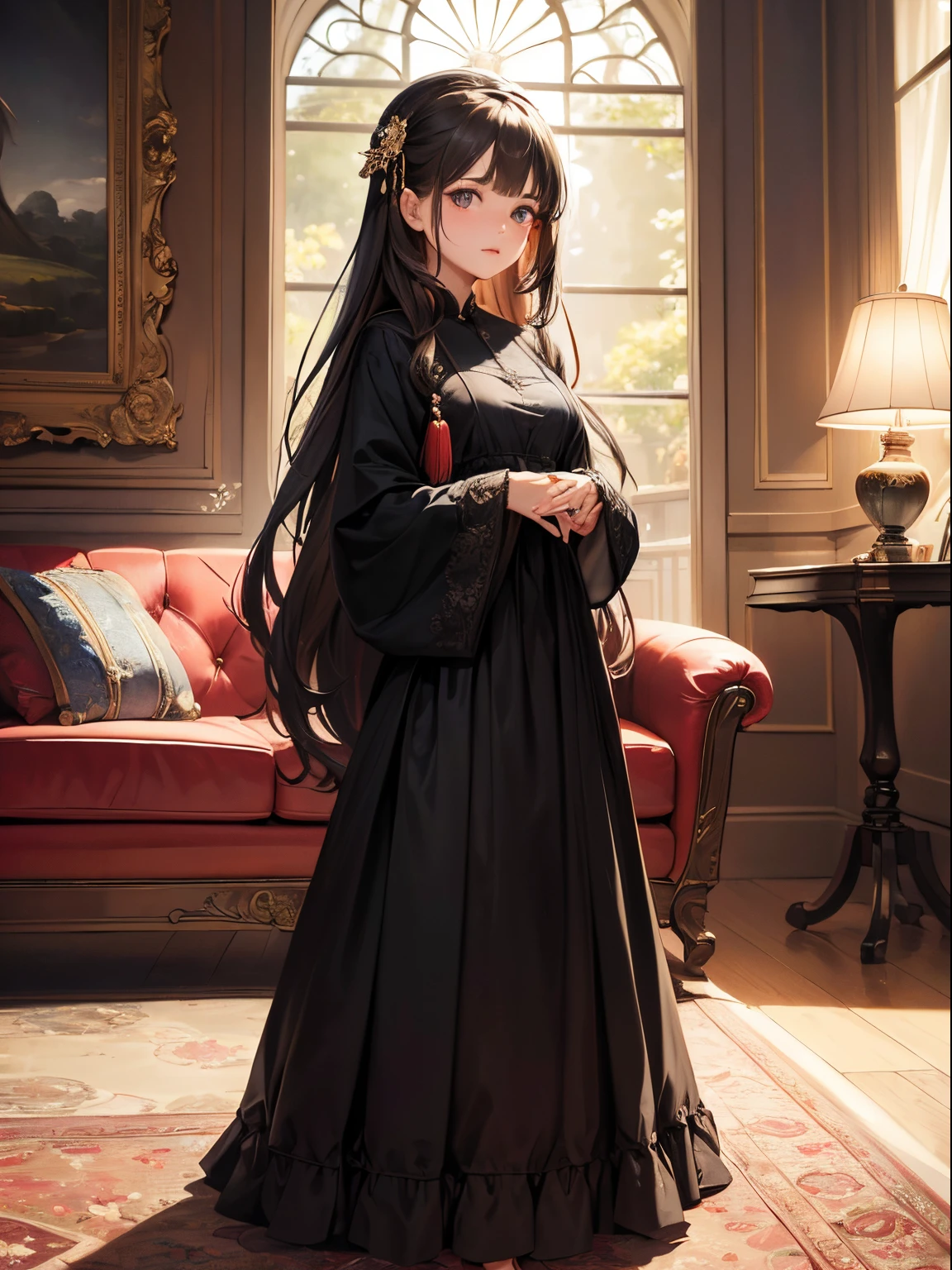 (masterpiece, ultra high res, best quality, beautiful detailed hair detailed face, perfect feminine face), I am a young girl aged 17 years, in a style of oil painting, I am blind, I wear a very long dress that reaches my ankles, I stand in the middle of a luxurious and very luxurious living room