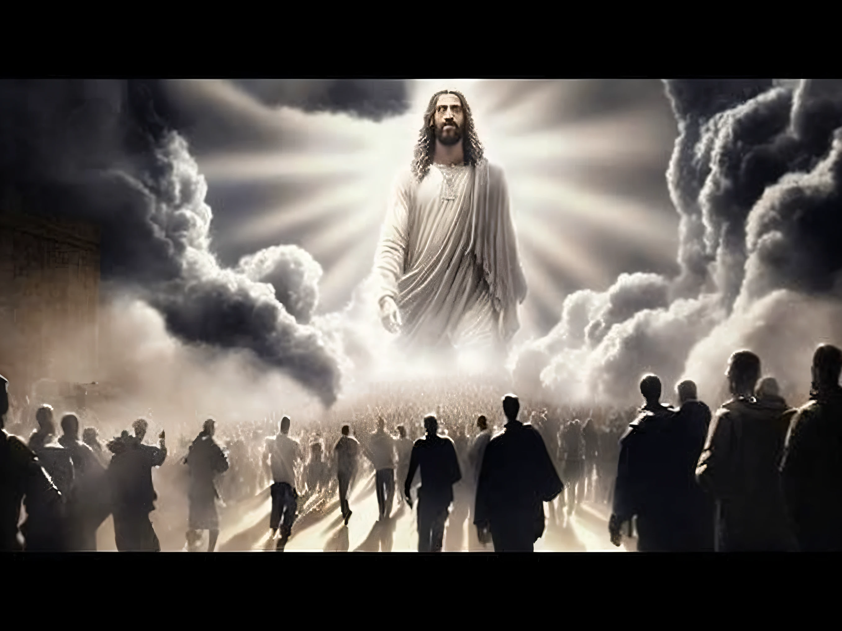 a group of people around a large statue of Jesus, she reaching for the sky, Segunda vinda, many beings walking about, O Arrebatamento, beautiful image ever created, heaven!!!!!!!!, epic biblical representation, O Senhor e Salvador, she approaching the sky, Awesome, ! holding in his hand !, gold gates of heaven!!!!!!!!, Deus olhando para mim, Jesus Cristo, Jesus