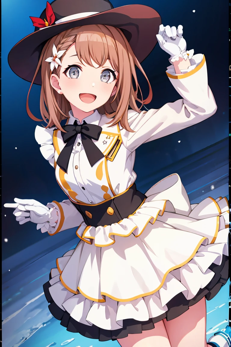 minori3rd, looking at viewer, smile, open mouth, white dress, top hat, white ribbon, long sleeves, white gloves, braid, short pants, frills, night, medium hair, Christmas, dutch angle, white bow, white footwear, frilly, wing collar, snow, dot nose, ankle boots, waist bow, white hat, single, hair ornament