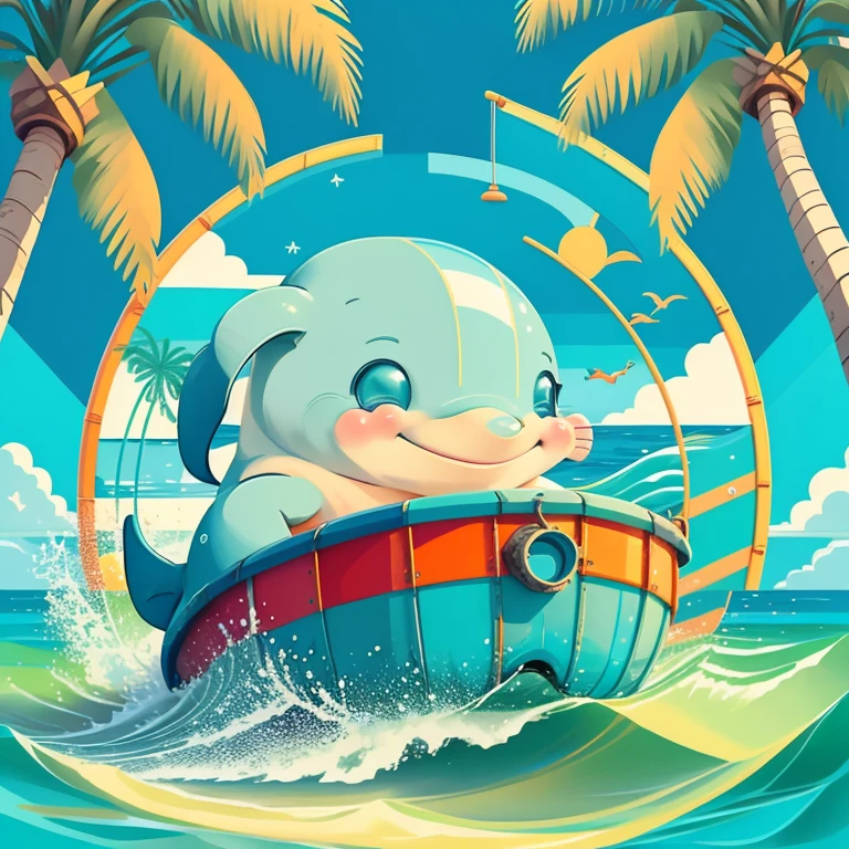 (cute dolphin smiling in a beach buoy, beautiful sea and a beach with palm trees) Munchkin ,Geometric multidimensional wall portrait, livro de arte, Tchibi,
Yang08k, Beautiful, Colouring,
Obras, of the highest quality, best quality, Arte Oficial, Beautiful and Aesthetic,