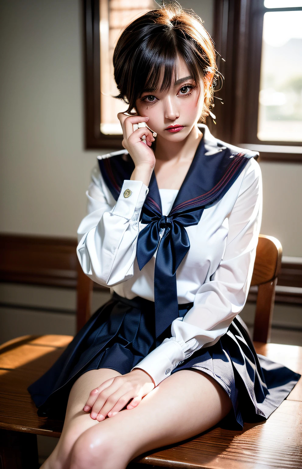 masterpiece, best quality, ultra-detailed,woman,tears, , beautiful eyes, looking at viewer, blush, shy, open legs, ((lift up skirt,)) micro panties, pubic hair, in the room, slender, standing, , sitting chair,