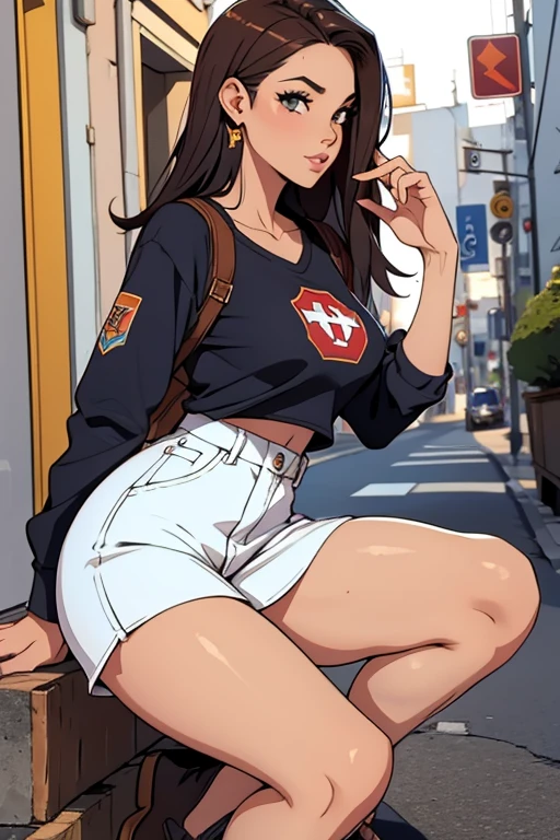 green solid background, 1 woman, best quality, ultra high res, straight hair, full lips, red lipstick, black hair, brown eyes, asian, black varsity shorts, cropped white t-shirt, short sleeves, smiling at viewers, wearing sneakers, white socks, double D breast, standing, full body