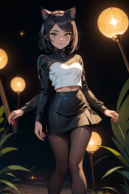 foto de corpo inteiro,cat ears on the head of a beautiful young woman wearing a short skirt, usando meias preta longas e sueterpreto apertado ,corpo inteiro na foto,floresta a noite varias luzes,belas coxas, coxas lindas belhos olhos escuros detalhados, sueter branco apertado,maio apertado , tight pantyhose, mini saia , ceu limpo a noite com estrelas numa floresta a noite,short curto linda jovem, olhos sedutores feminino.CABELO CURTO PRETO((CABELOS CURTO PRETO))