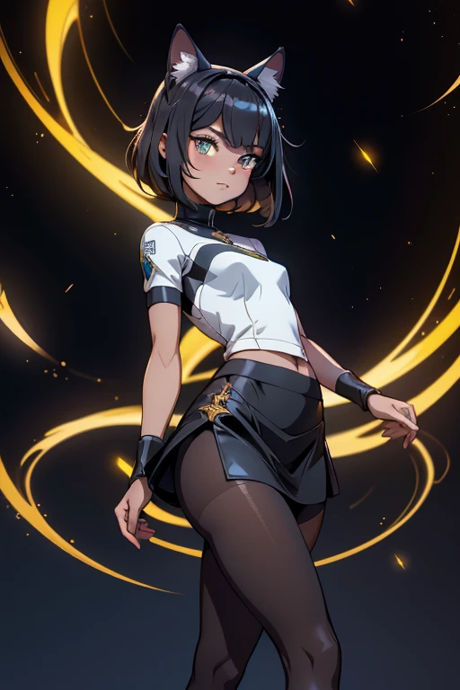 foto de corpo inteiro,cat ears on the head of a beautiful young woman wearing a short skirt, usando meias preta longas e sueterpreto apertado ,corpo inteiro na foto,floresta a noite varias luzes,belas coxas, coxas lindas belhos olhos escuros detalhados, sueter branco apertado,maio apertado , tight pantyhose, mini saia , ceu limpo a noite com estrelas numa floresta a noite,short curto linda jovem, olhos sedutores feminino.CABELO CURTO PRETO((CABELOS CURTO PRETO))