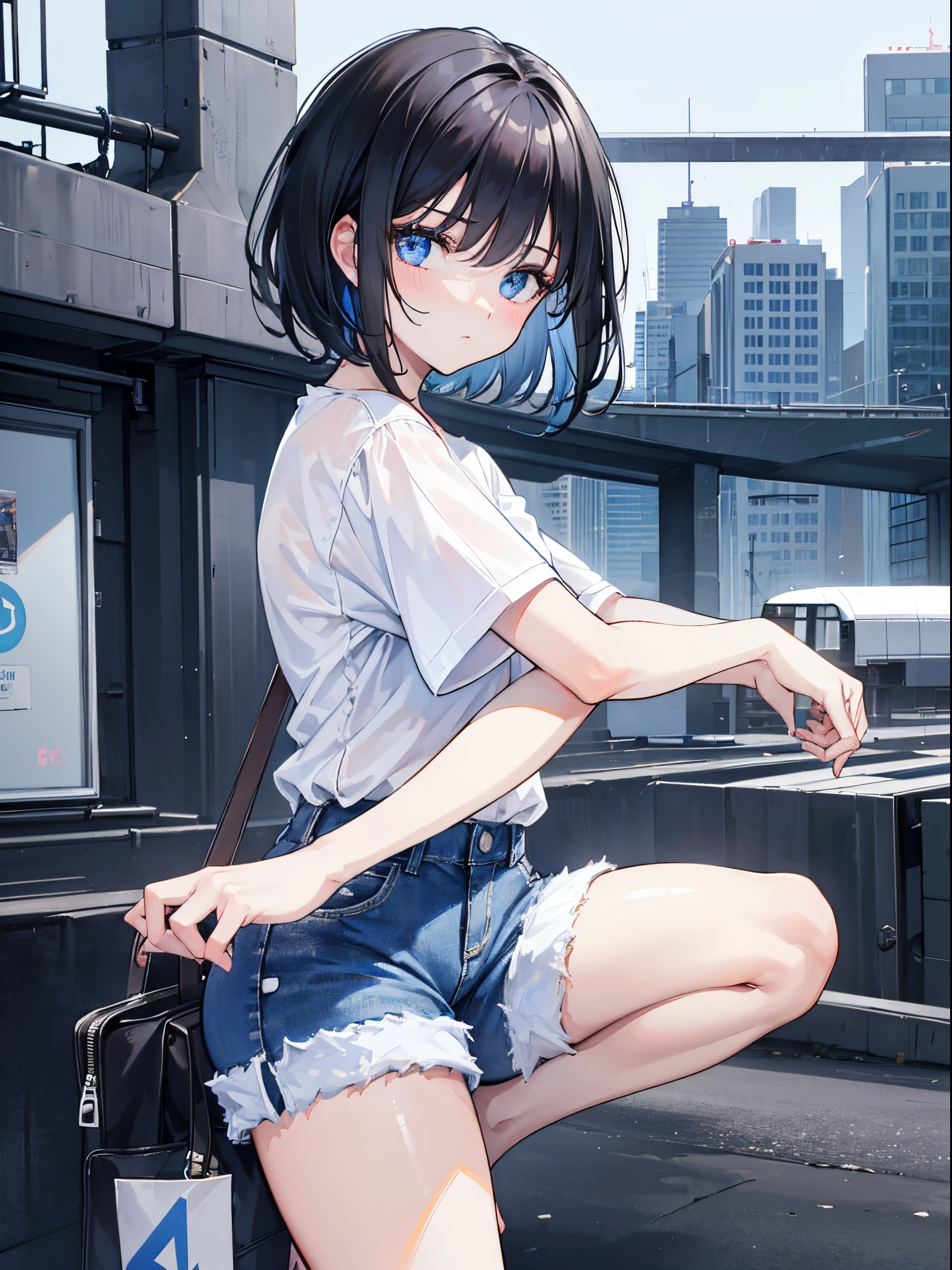 1girl, short black hair, blue eyes, wearing plain white shirt, denim shorts, city, absurdres, high res, ultrasharp, 8K, masterpiece, looking at viewer