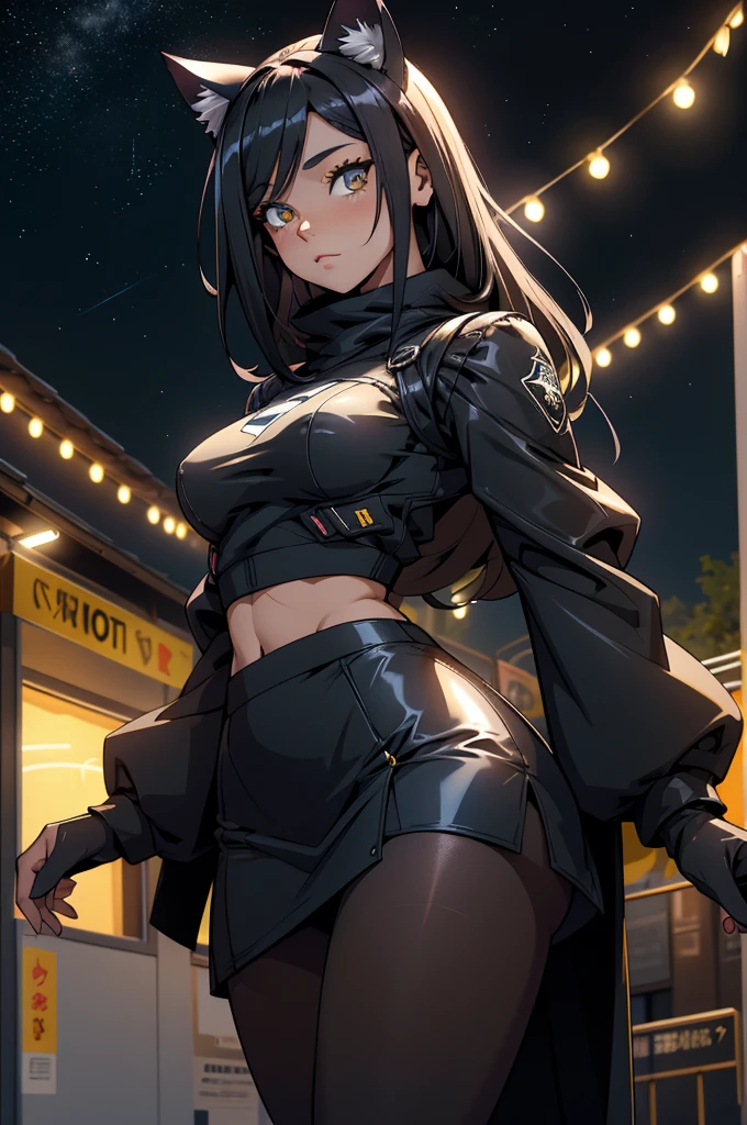 foto de corpo inteiro,cat ears on the head of a beautiful young woman wearing a short skirt, usando meias preta longas e sueterpreto apertado ,corpo inteiro na foto,floresta a noite varias luzes,belas coxas, coxas lindas belhos olhos escuros detalhados, sueter branco apertado,maio apertado , tight pantyhose, mini saia , ceu limpo a noite com estrelas numa floresta a noite,short curto linda jovem, olhos sedutores feminino.CABELO CURTO PRETO((CABELOS CURTO PRETO))