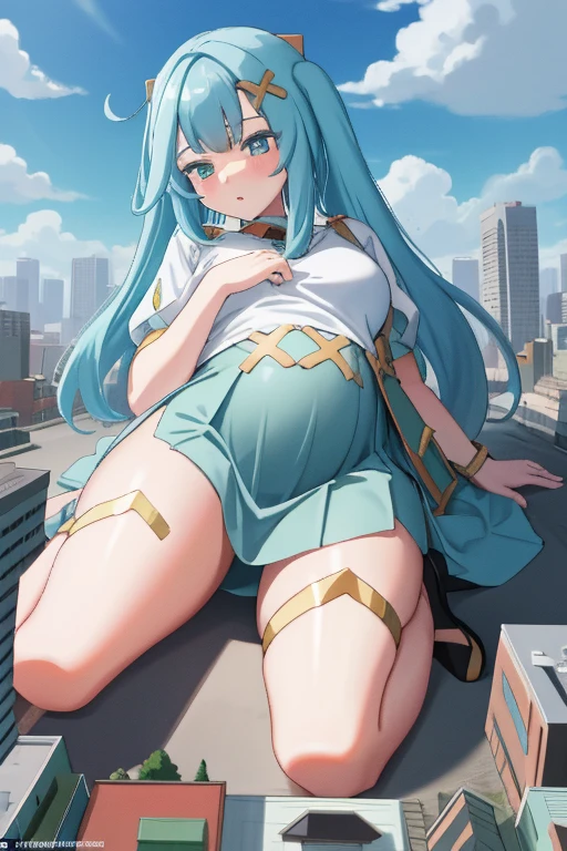 Giant maiden,Moe two-dimensional style,Pregnancy status,Round belly,Gaze at the bustling city,Lying on the market。