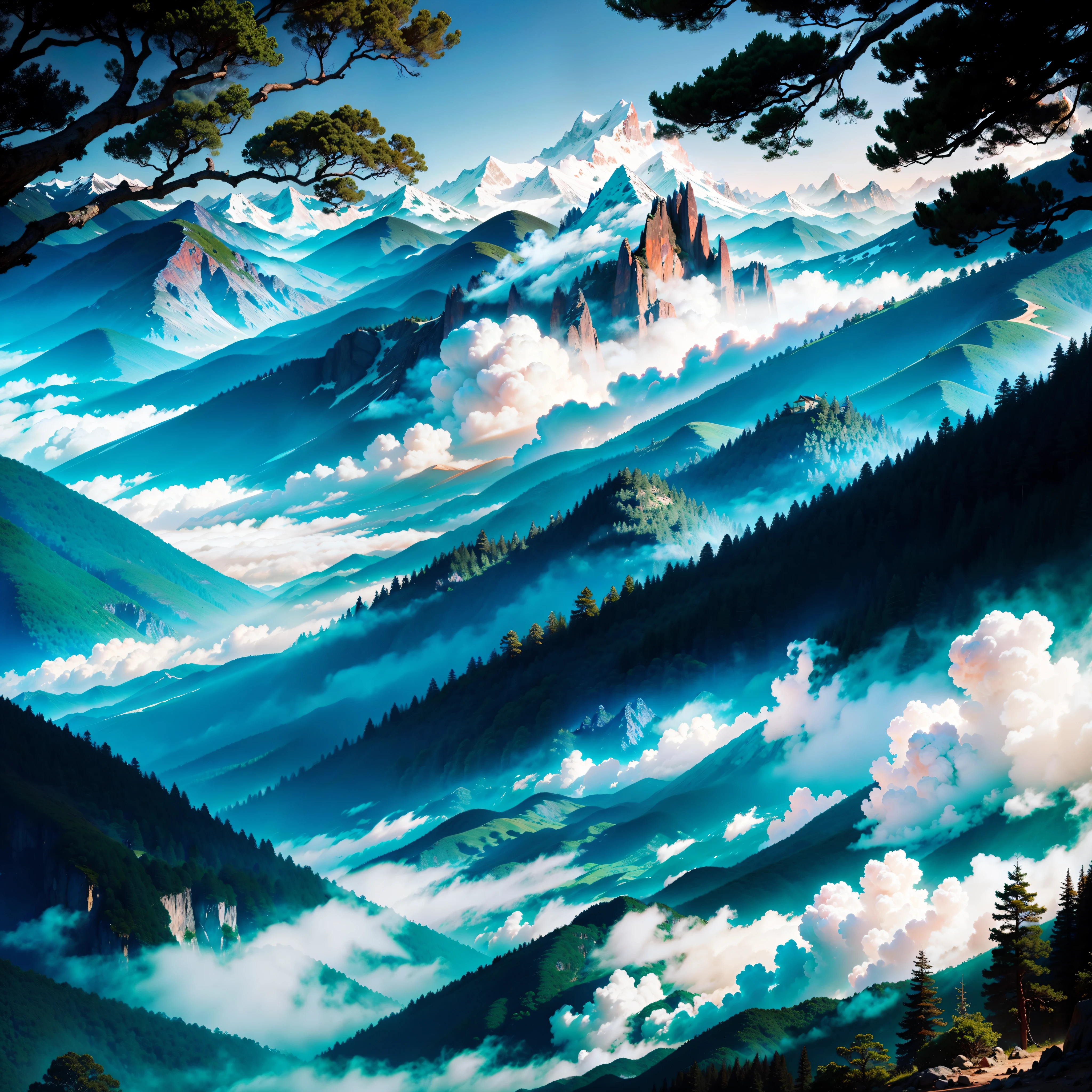 mountain ranges,Rioorest with blue mist,Red and blue flowers grow on the edge of the picture