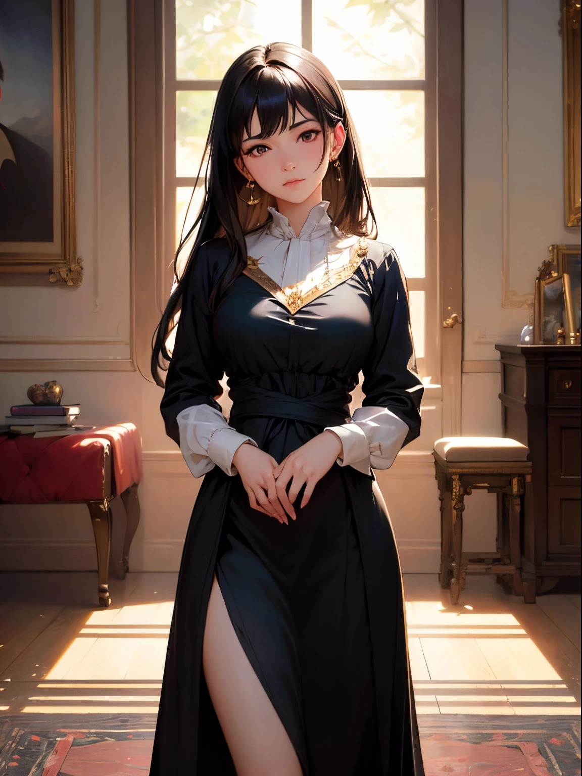 (masterpiece, ultra high res, best quality, beautiful detailed hair detailed face, perfect feminine face), I am a young girl , in a style of oil painting, I am blind, I wear a very long dress that reaches my ankles, I stand in the middle of a luxurious and very luxurious living room, art by alphonse mucha, ilya kuvshinov, sakimichan, william-adolphe bouguereau, george kamitani, akira yasuda