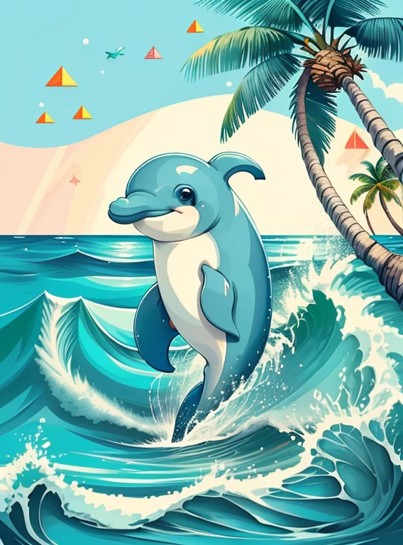(cute dolphin smiling, beautiful sea and a beach with palm trees) Munchkin ,Geometric multidimensional wall portrait, livro de arte, Tchibi,
Yang08k, Beautiful, Colouring,
Obras, of the highest quality, best quality, Arte Oficial, Beautiful and Aesthetic,