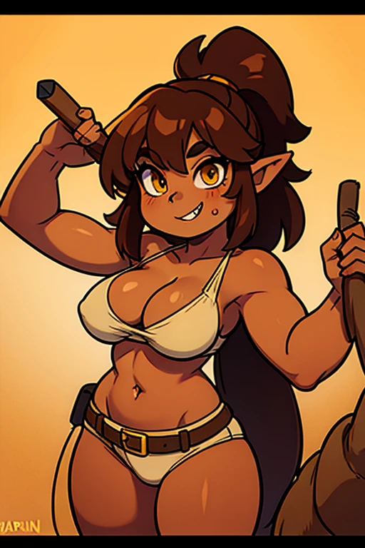 A Thick Female Goblin Barbarian with coppery brown skin and light brown hair and yellow eyes