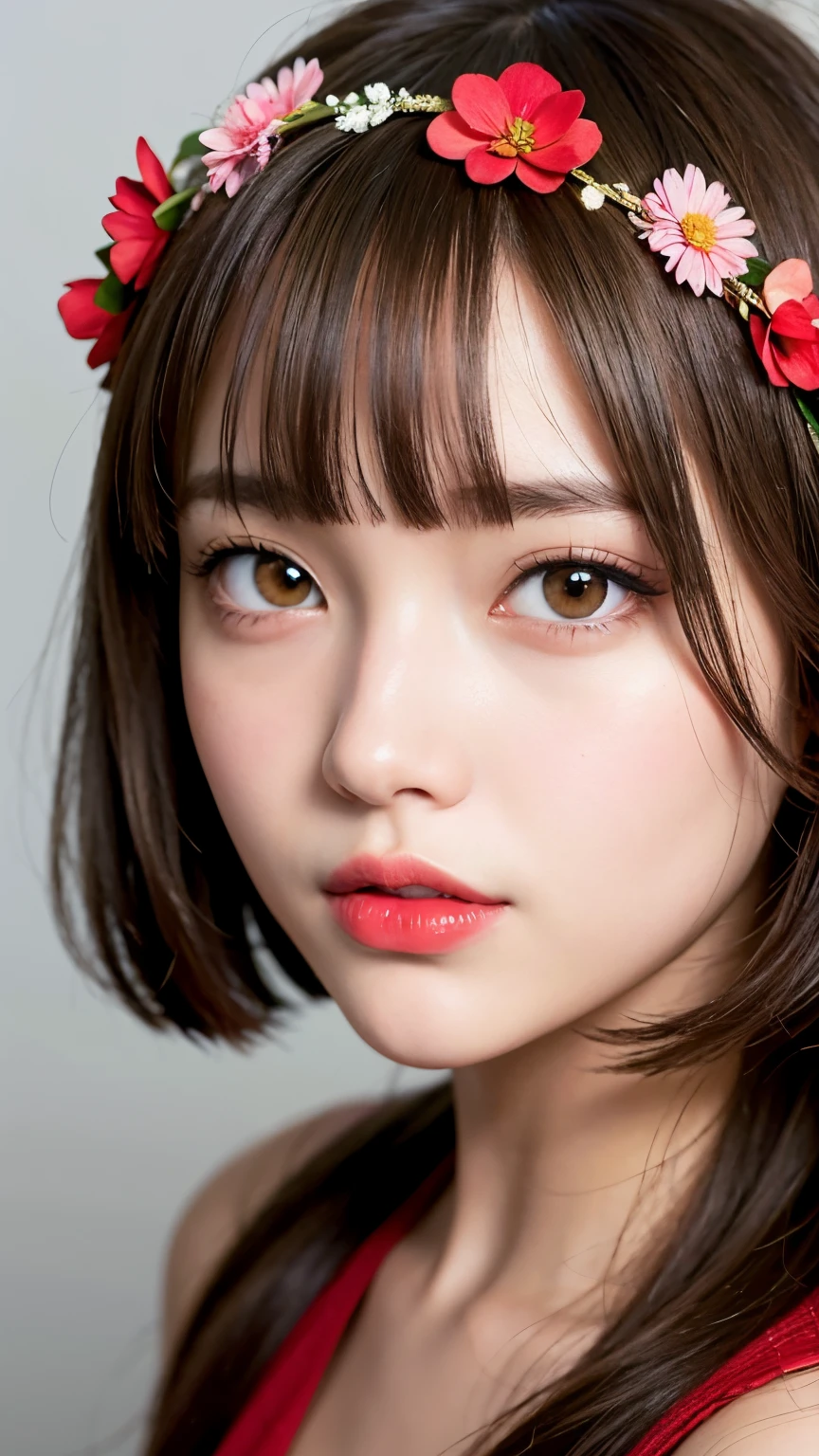 (masterpiece),(bestquality:1.0), (ultra highres:1.0), detailed illustration, 10, anime, 1girls, beautiful anime girl, Wear a red dress., Flower crown, pretty face, detailed face, beautidul eyes, detailed eyes, Crimson eyes, Bright red lips, Red Lipstick, Beautiful and stylish hair, Highlights in Hair, smooth anime style, bestquality, vibrant