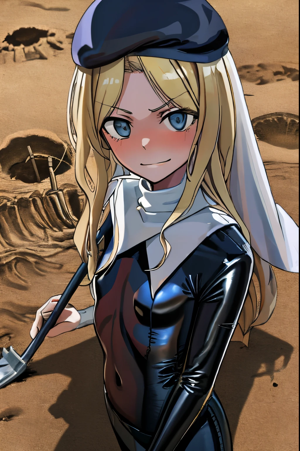 masterpiece, Best Quality, high resolution, top-quality, Anime style, from above, looking at cam, upper body, beautiful face, frenda Seivelun, nun, priestess, blonde hair, bright blue eyes, (aafrenda), long hair, beret, small breasts, black and white clothes, 1girl, (latex nun suit), nun outfit, latex outfit, (latex suit), military clothes, (military gears), trenching tool, small shovel, world war, warfare background, trench, trench warfare, night, mud, dirty, high detailed, extremely detailed face, smirk, (embarrassed)