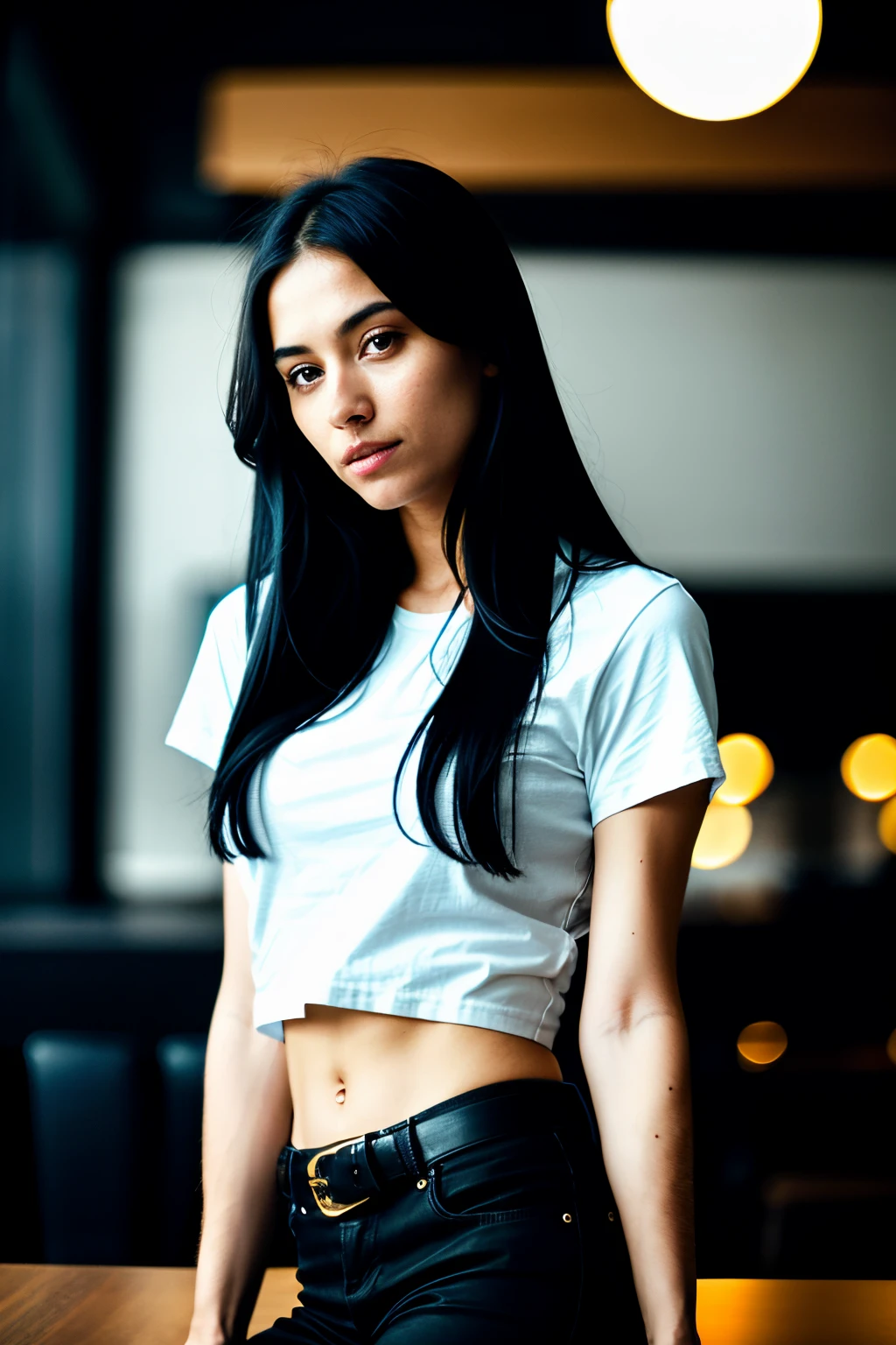 perfect face , blue long hair , blue eyes , white top , black miniskirt , quality, 8K, sexy
