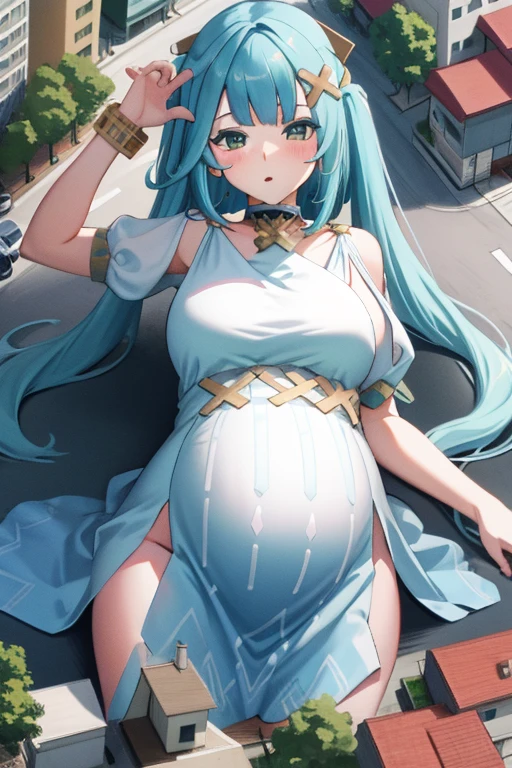 Giant maiden,Moe two-dimensional style,Pregnancy status,Round belly,Gaze at the bustling city,Lying down