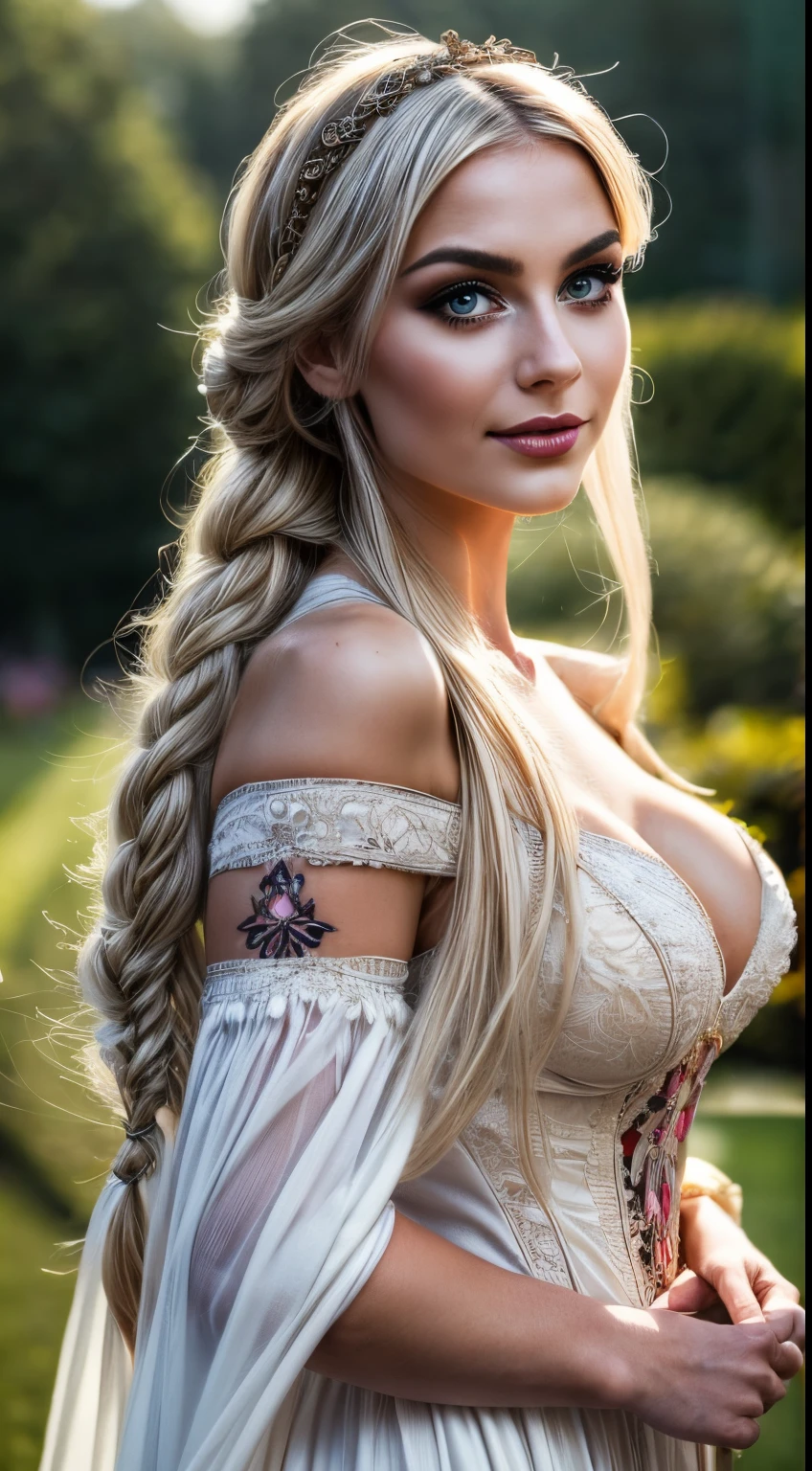 (masutepiece, Best Quality), ultra-detailliert, Photorealsitic, Beautiful woman with white hair, ((Victorian style maxi dress with intricate embroidery decoration)), Lace Accessories, head piece, Luxury Jewelry, garter stocking, Braided high heels, a necklace, Braid hair, Perfect face, Beautiful face, enticing, big gorgeous eyes, Blue eyes, I have my mouth wide open, heavy make up, Beige lips, Dark Eye Makeup, seducting smile, Glamorous body, Big ass, Flower Garden, Walking in the garden