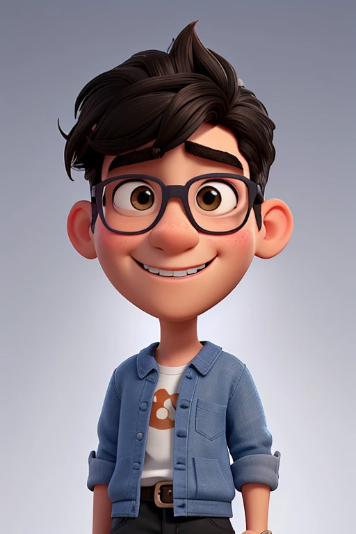 Gere uma imagem de um jovem adulto de 25 anos com um estilo visual inspirado nos filmes "UP!" e "Ratatouille" da Pixar. He wears black glasses and has an elongated nose.. Your hair is wavy and cut short. The boy is wearing a simple beige sweatshirt and is smiling with a wide smile that displays Pixar's signature teeth., como se ele estivesse a falar. His brown eyes are large and expressive. Make sure the guy is looking directly at the camera. The lighting in the scene consists of a frontal light that illuminates the boy's face., highlighting your facial features in a friendly way. Ademais, there is a bluish light coming from the side, adicionando um toque sutil de cor e criando um ambiente visualmente atraente. The scenery is composed of a smooth gray backround as if it were a cloth