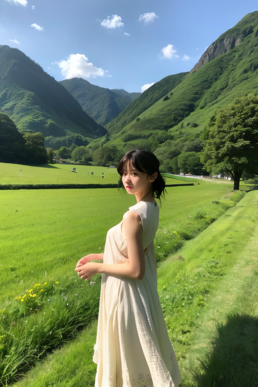 A neat woman、It is drawn in the style of live-action painting。She stands in a graceful pose,、Wear clean clothes。In the background is a natural landscape、green grass々Grassland and beautiful flowers々adds color to the。Her expression was calm and、Impressive appearance in harmony with nature。