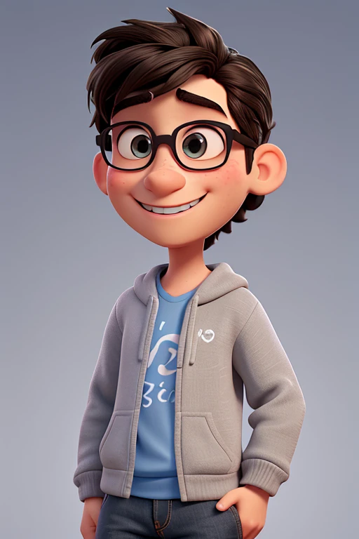 Gere uma imagem de um jovem adulto de 25 anos com um estilo visual inspirado nos filmes "UP!" e "Ratatouille" da Pixar. He wears black glasses and has an elongated nose.. Your hair is wavy and cut short. The boy is wearing a simple beige sweatshirt and is smiling with a wide smile that displays Pixar&#39;s signature teeth., como se ele estivesse a falar. His brown eyes are large and expressive. Make sure the guy is looking directly at the camera. The lighting in the scene consists of a frontal light that illuminates the boy&#39;s face., highlighting your facial features in a friendly way. Ademais, there is a bluish light coming from the side, adicionando um toque sutil de cor e criando um ambiente visualmente atraente. The scenery is composed of a smooth gray backround as if it were a cloth