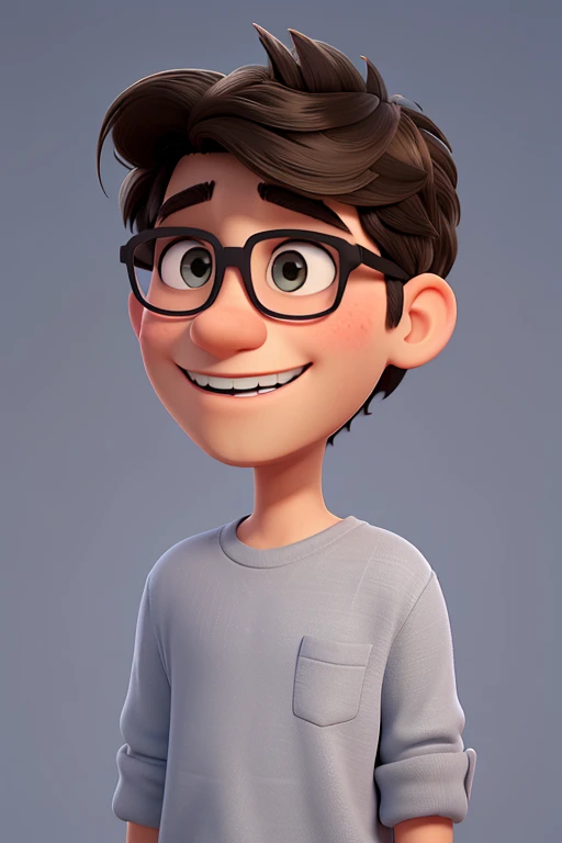 Gere uma imagem de um jovem adulto de 25 anos com um estilo visual inspirado nos filmes "UP!" e "Ratatouille" da Pixar. He wears black glasses and has an elongated nose.. Your hair is wavy and cut short. The boy is wearing a simple beige sweatshirt and is smiling with a wide smile that displays Pixar's signature teeth., como se ele estivesse a falar. His brown eyes are large and expressive. Make sure the guy is looking directly at the camera. The lighting in the scene consists of a frontal light that illuminates the boy's face., highlighting your facial features in a friendly way. Ademais, there is a bluish light coming from the side, adicionando um toque sutil de cor e criando um ambiente visualmente atraente. The scenery is composed of a smooth gray backround as if it were a cloth