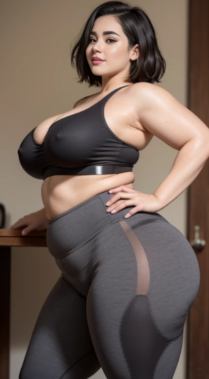 (RAW Photo: 1.2), (Photorealistic: 1.4), (Masterpiece: 1.3), (Best Quality: 1.4), Ultra High Resolution, Landscape, Single Focus Body), (Detailed Eyes), (Detailed Facial Features), (Detailed Outfit Characteristics), Tight Skin, (Shiny Skin), (Fat Girl, Solo), Happy, Smiling, Bob Hair, sports bra, perfect style, (Erection, popping, streaks), cut waist, side view, curvy hips , protruding buttocks, leggins (tight), protruding buttocks,