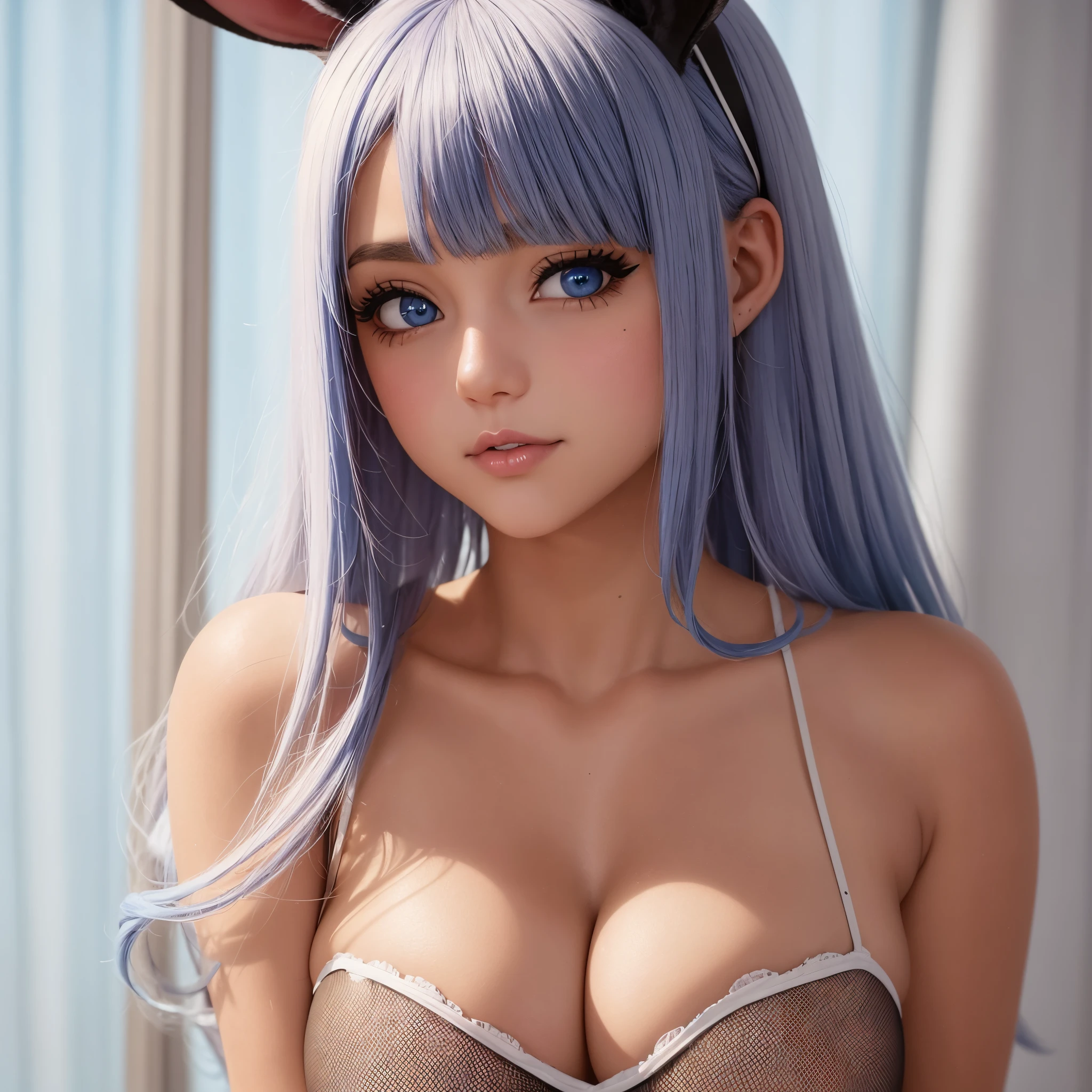 orelha de coelho, bunny girl, cabelo azul, blue hair,red eyes , olho vermelho, black outfit