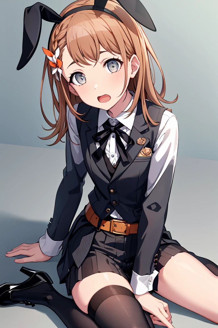 minori3rd, looking at viewer, expressionless, open mouth, short pants, shirt, bunny ears, bow, ribbon, long sleeves, jewelry, medium breasts, sitting on floor, black shirt, braid, hair bow, stockings, frills, in a bar, collared shirt, belt, thighhighs, vest, high heels, fingernails, dutch angle, black bow, neck ribbon, black footwear, black short pants, frilled shirt, wing collar, waist bow, black bunny ears