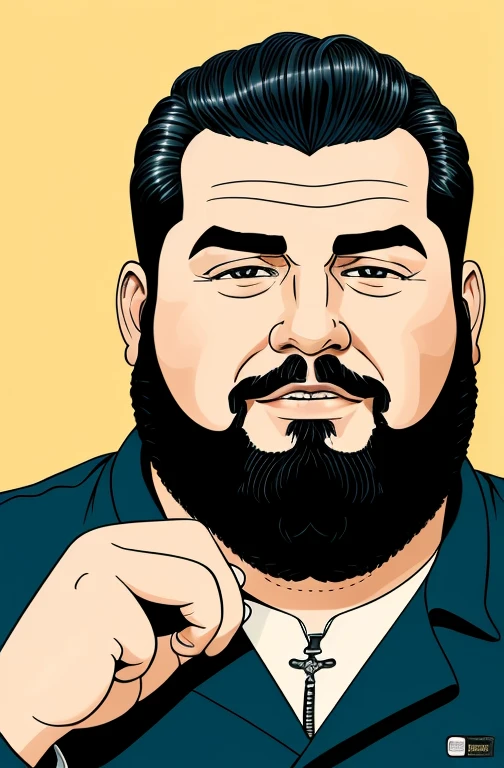 ,Rosto gordo, gordinho e barbudo, Concentrado, visual chave, intrincado, altamente detalhado, lineart preciso, Vibrando, Comprehensive cinematomatics, Griffiths Carne Bovina, Conrado Roset, (o retrato mais bonito do mundo:1.5) cena de fundo popart, Centered photography, boca Aberta Gargalhando