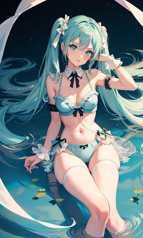 1 girl in、as-、Cute lingerie、full-body portraitig breasts Hatsune Miku，Clean，masterpiece，Beautiful fecelowing water，Background cobalt blue，influencer，neon colored，lustrous Some hair，white under lingerie，white ribbons，Southland，avas，tropical