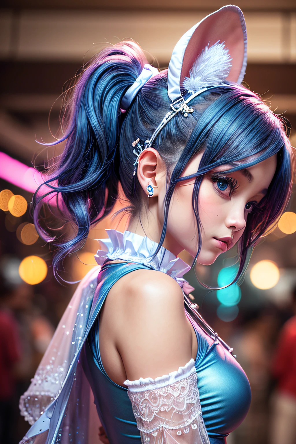 a woman, 1girl, , ite,  in a blue dress and white sneakers, christmas tree at the back,  disney inspired, cold as icecubes,  disney style, profile image, jessica nigri, lunar themed attire, cute rave outfit, profile pic, blue outfit, mouse ears, angie glocka,