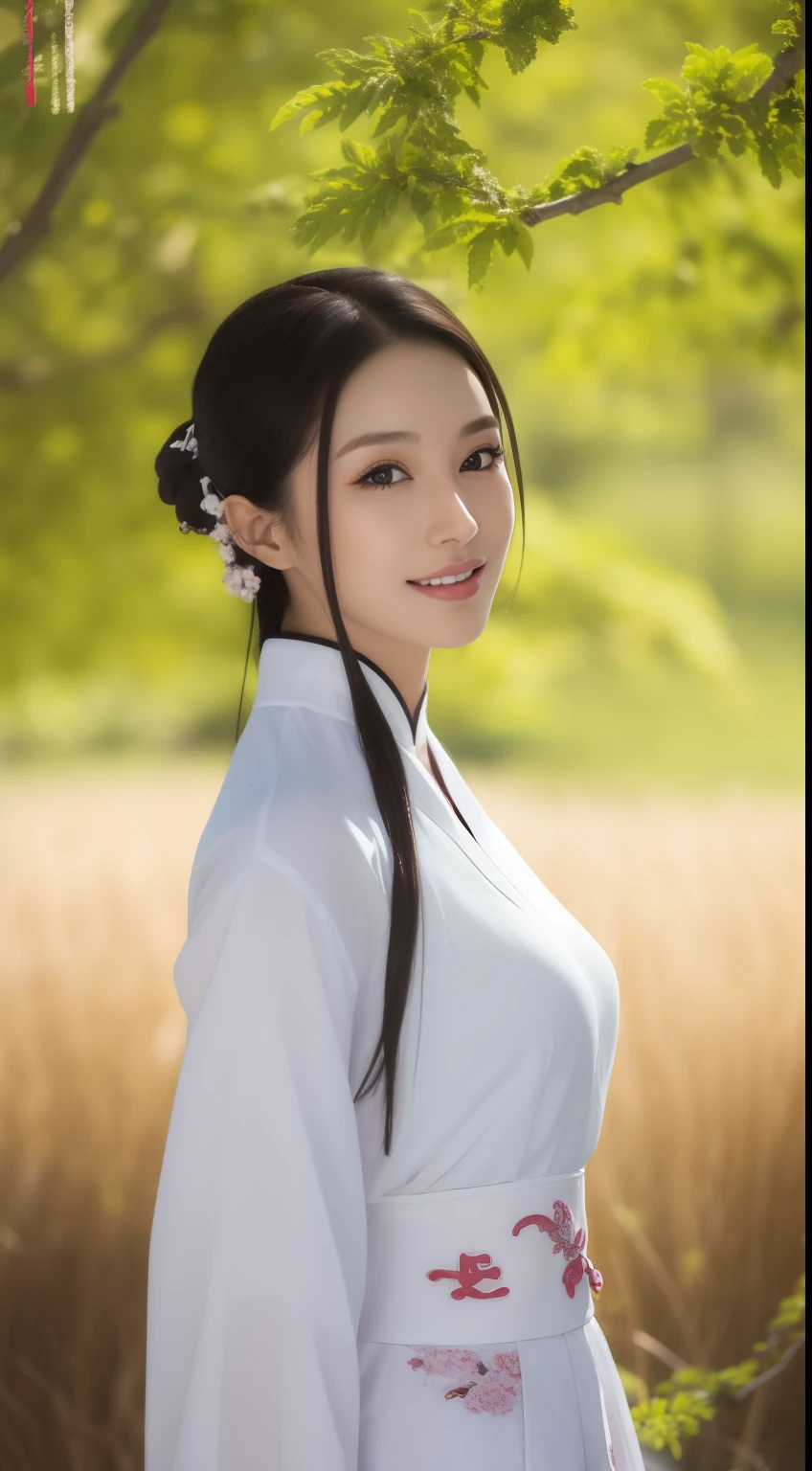 Fashion model 20 years old [[[[closeup cleavage]]]], [[[[]]]], [[[[rapeseed]]]], [[[[shoulder]]]], perfect  eyes, Perfect iris，perfect lips，perfect teeth，Perfect Skin，with fair skin，HighDynamicRange，Movie Girl，heroic look，white apparel，wuxia outfit，martial arts style，outdoor background，green trees and fields（pastel colour：1.2）
