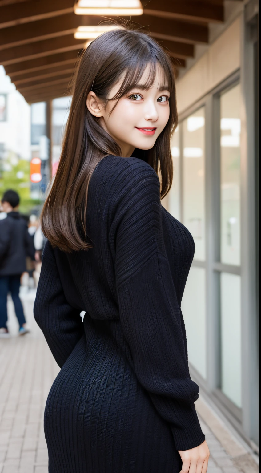 masutepiece, Best Quality, Illustration, Ultra-detailed, finely detail, hight resolution, 8K Wallpaper, Perfect dynamic composition, Beautiful detailed eyes, black long sleeve knit dress,Straight hair,Small breasts natural color lip, showing ass ,Smile,Harajuku、20 years girl、Cute、Sexy shot looking at camera,Perfect and beautiful face
