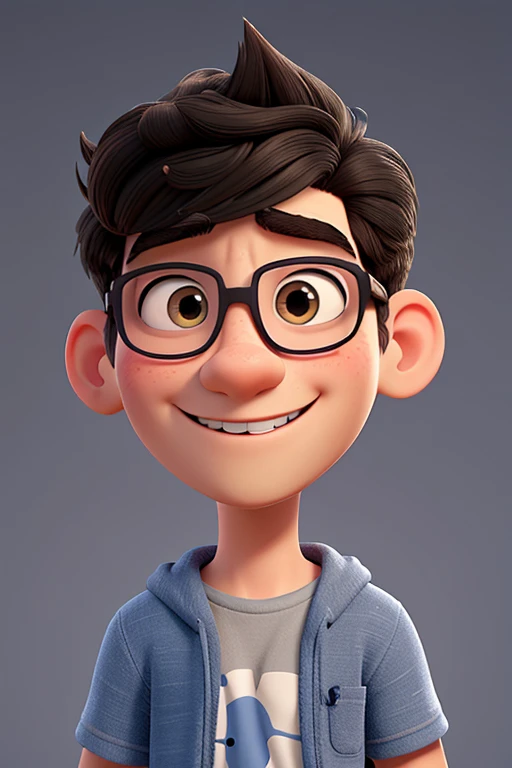 Gere uma imagem de um jovem adulto de 25 anos com um estilo visual inspirado nos filmes "UP!" e "Ratatouille" da Pixar. He wears black glasses and has an elongated nose.. Your hair is wavy and cut short. The boy is wearing a simple beige sweatshirt and is smiling with a wide smile that displays Pixar&#39;s signature teeth., como se ele estivesse a falar. His brown eyes are large and expressive. Make sure the guy is looking straight ahead at the camera. The lighting in the scene consists of a frontal light that illuminates the boy&#39;s face., highlighting your facial features in a friendly way. Ademais, there is a bluish light coming from the side, adicionando um toque sutil de cor e criando um ambiente visualmente atraente. The scenery is composed of a smooth gray backround as if it were a cloth