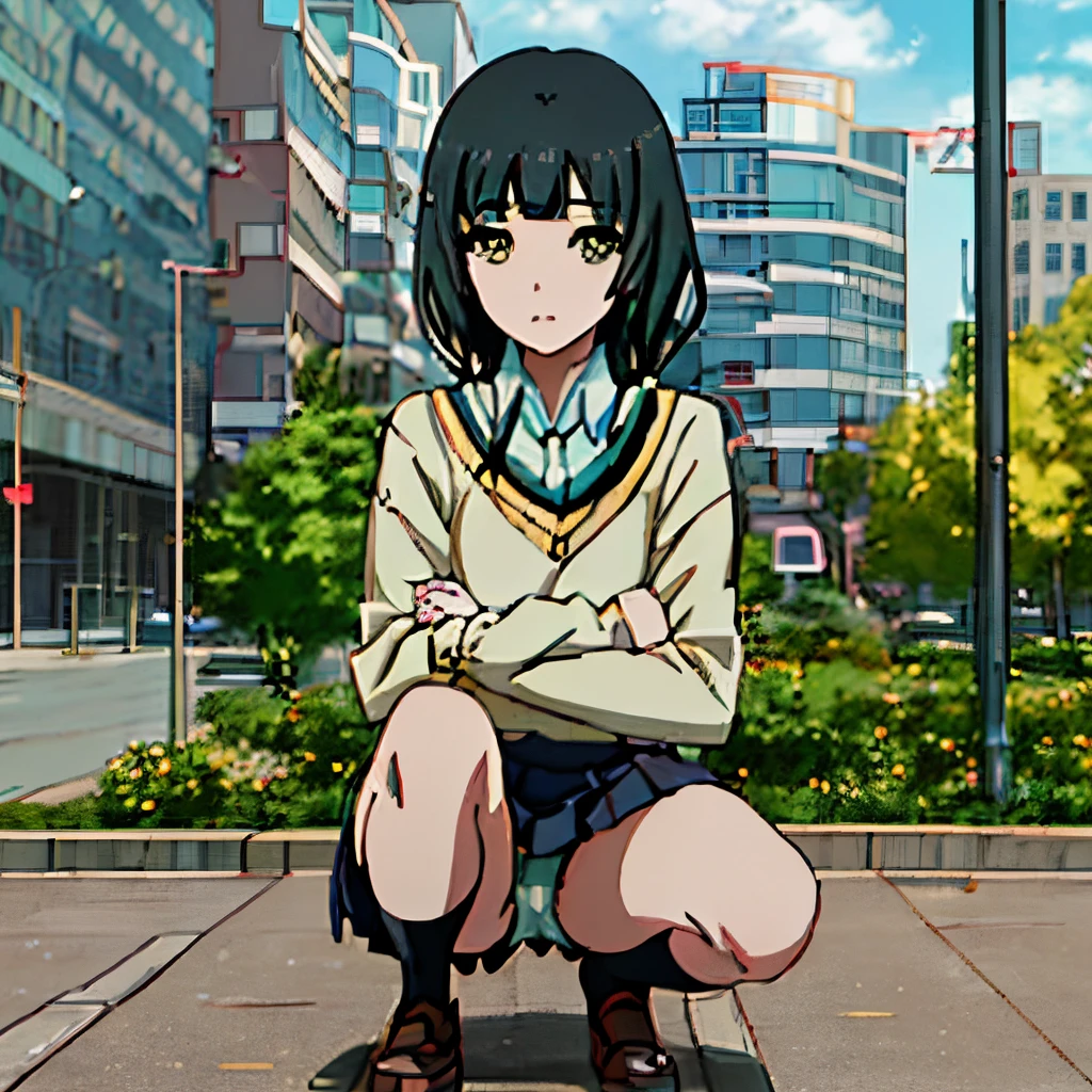 anime girl sitting on the ground with her legs crossed, Anime visuals of cute girls, Crouching anime girl, guweiz, beautiful anime girl squatting, anime moe art style, young anime girl, beautiful anime high school girl, Smooth Anime CG Art, Hinata Hyuga, undergarment, panties, Best Quality, masutepiece, hight resolution, Solo, {Yasuhara_mommy_shirobako:1.15}, Black_hair, Low_Twin-tailed, Twin-tailed, long_hair, Green_Eyes, Bangs, Shirt, white_Shirt, Closed_Mouth,flower, Sweaters, Black_Sweaters, School_uniform,