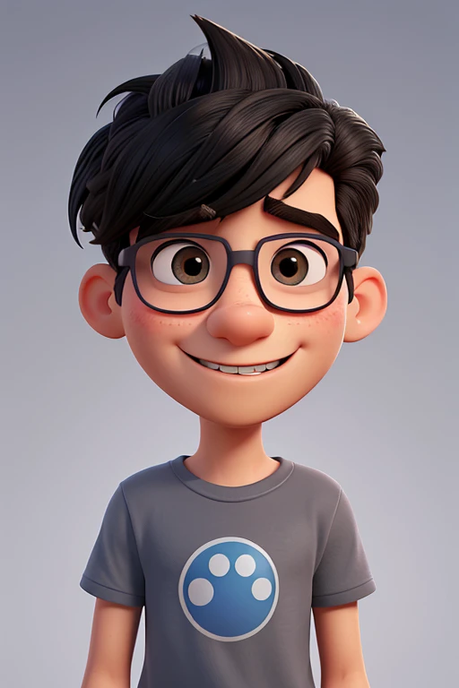Gere uma imagem de um jovem adulto de 25 anos com um estilo visual inspirado nos filmes "UP!" e "Ratatouille" da Pixar. He wears black glasses and has an elongated nose.. Your hair is wavy and cut short. The boy is wearing a simple beige sweatshirt and is smiling with a wide smile that displays Pixar's signature teeth., como se ele estivesse a falar. His brown eyes are large and expressive. Make sure the guy is looking straight ahead at the camera. The lighting in the scene consists of a frontal light that illuminates the boy's face., highlighting your facial features in a friendly way. Ademais, there is a bluish light coming from the side, adicionando um toque sutil de cor e criando um ambiente visualmente atraente. The scenery is composed of a smooth gray backround as if it were a cloth