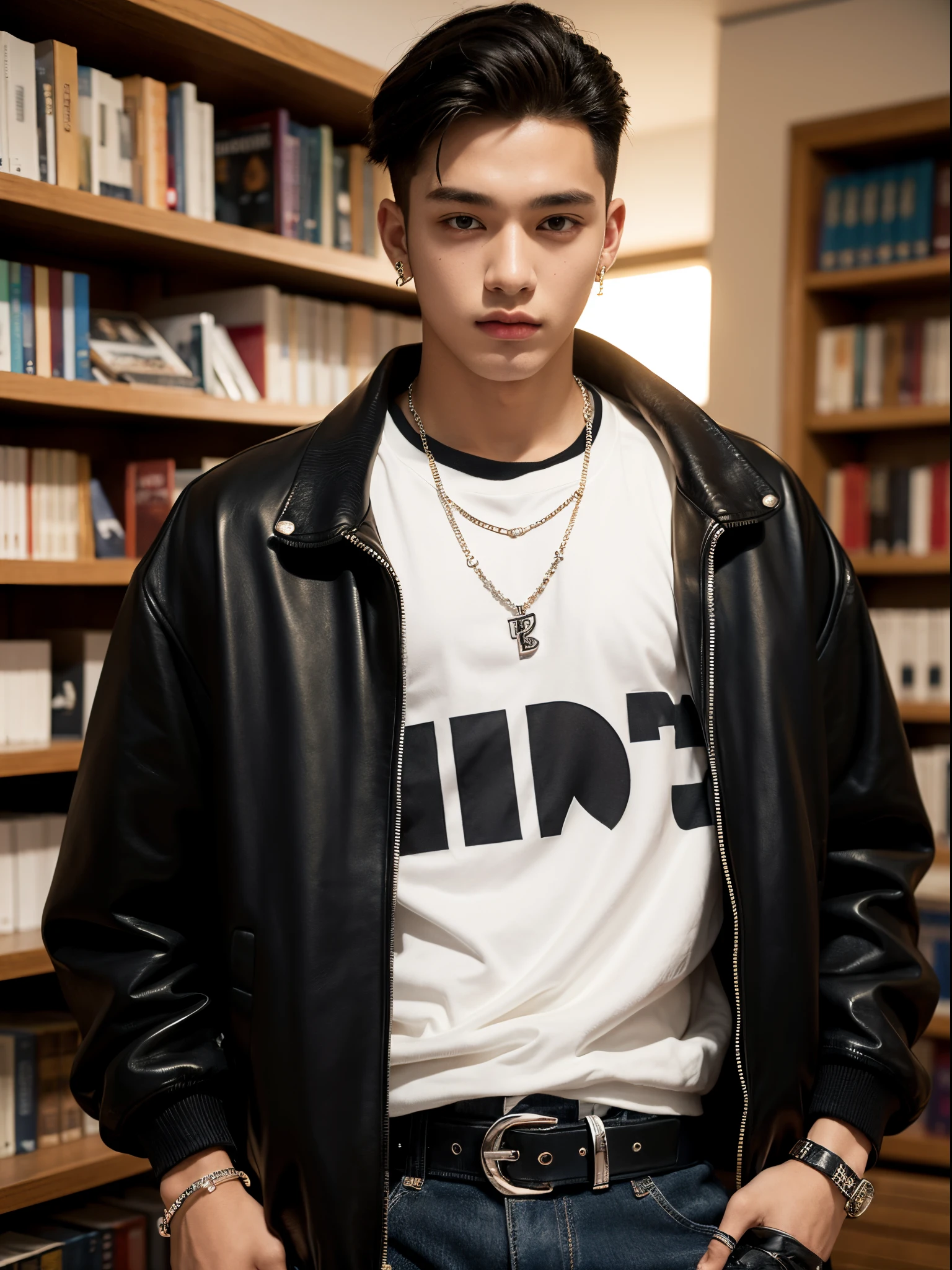 boy, 17 years old, slick back, baseball jacket, rings, bracelet, necklace, belt, piercing, school, library