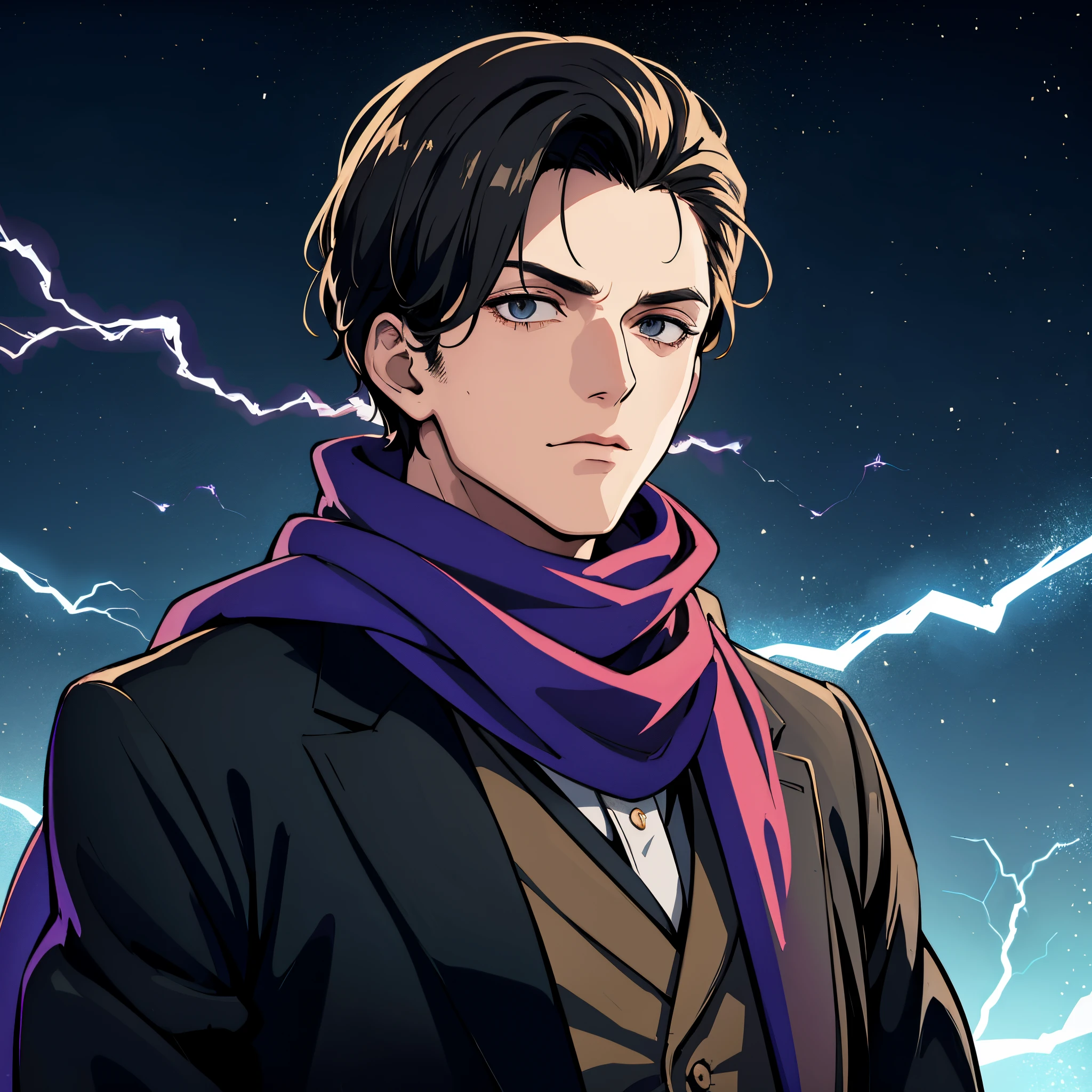 (masterpiece:1.2), 1boy, mafia theme, 1900, mafia man, scarf, solo, looking at viewer, Upper body, sky, Best quality, upper brush scheme, dreamy, mystic, Fog, Electric, Electricity, sparks,
