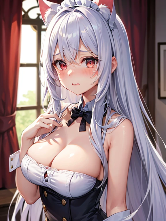 Best Quality, ultra-detailliert, Illustration, silber hair, Aimei,,embarrassed from，red blush，scratching your head，The long-haired，cute  face，beutiful breast，turned around，Close，Angle to show off breasts，look up to，finely detail，a bed、Maids，Cat's ears，crying how bright，astonished face, crying 😭😭😭 face,