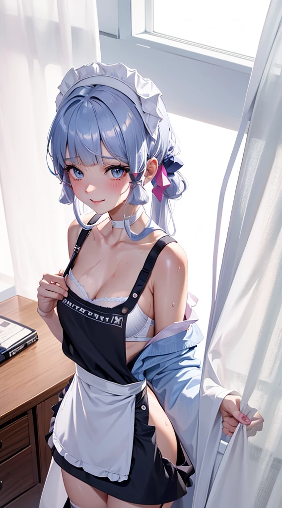 Character Details:, - Gender: 1 Girl. - Style: Anime, - Body Type: Attractive body, slim body, nice legs, slim tights, nice arms, nice shoulders. - Breast: ((Small Breast:1,5)), Cleavage. - Facial Feature: Beautiful, Gorgeous, Teenager, Fresh, Young. - Expression: Shy, Smile, Horny, Pink Blush on Face, Sexy Eyes, Sexy Look, (Sweating:1.4), Innocent Look, Tipsy. - Hairstyle: Blunt Bangs, Long Hair. - Hair Color: Light Blue Hair. - Clothing: ((Apron:1.6)), (Laced Bra:1.6), (off-shoulder:1.6), (Stocking:1.4). - Body Pose: (Kneel). - Behaviour: Waiting, Want Something, Secretly. - Accessories: Earrings., Environmental Details:, - Setting: Bed Room., - Lighting: Natural Light., - Decoration: Modern Bed, Desk, Chair, Window, ((White Curtains:1.6)), City View. Top view. pov, anime style, UHD, retina, masterpiece, accurate, anatomically correct, textured.