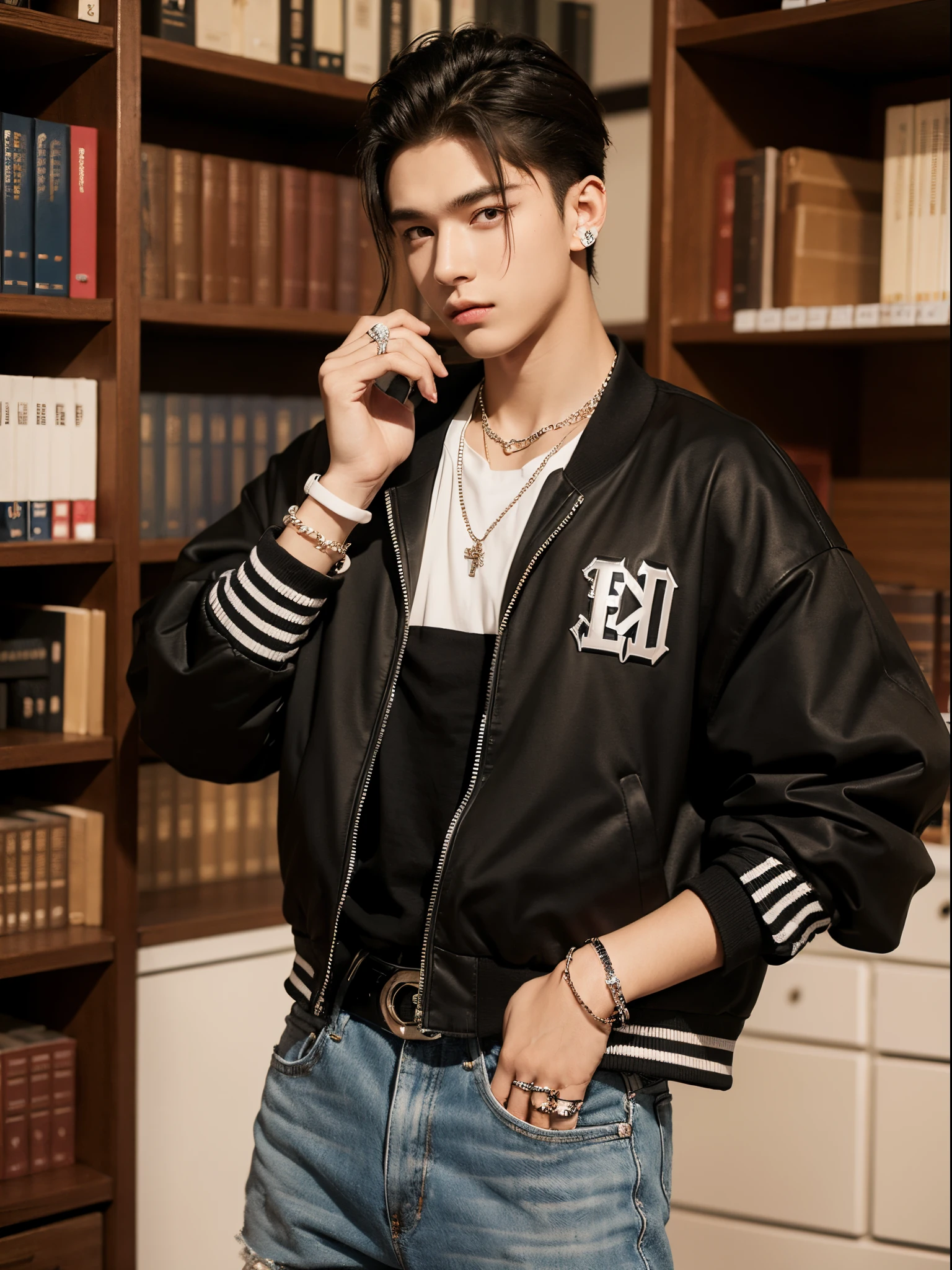 boy, , slick back, baseball jacket, rings, bracelet, necklace, belt, piercing, school, library