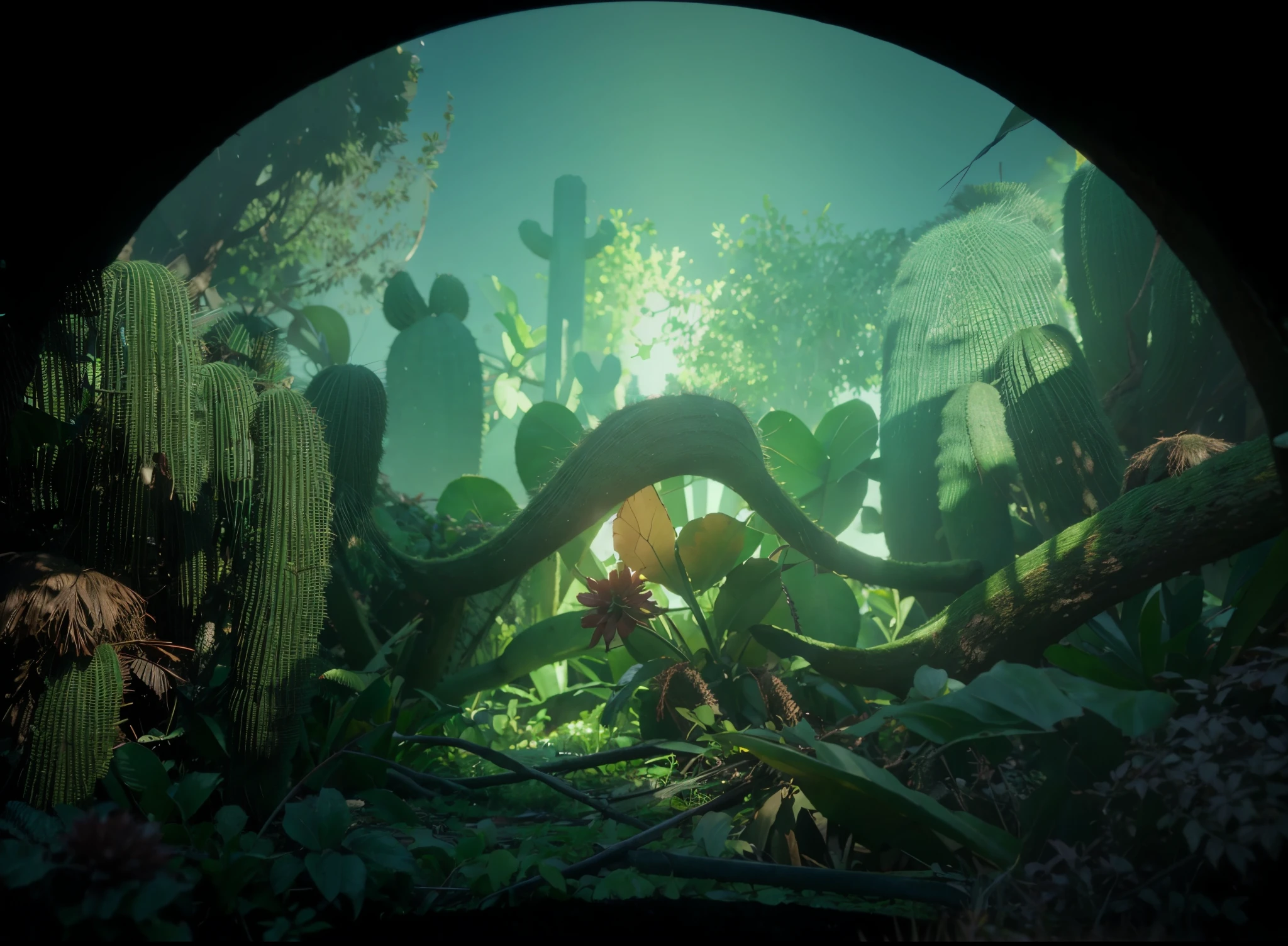 There a bunch of vines in the foreground of the forest,There are many cacti in the middle,8K octane rendering ultra-fine