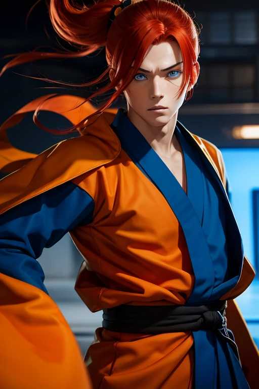 r. Naruto Uzumaki. Full face. Red hair. Blue eyes. Orange and black kimono. Ninja clothes.