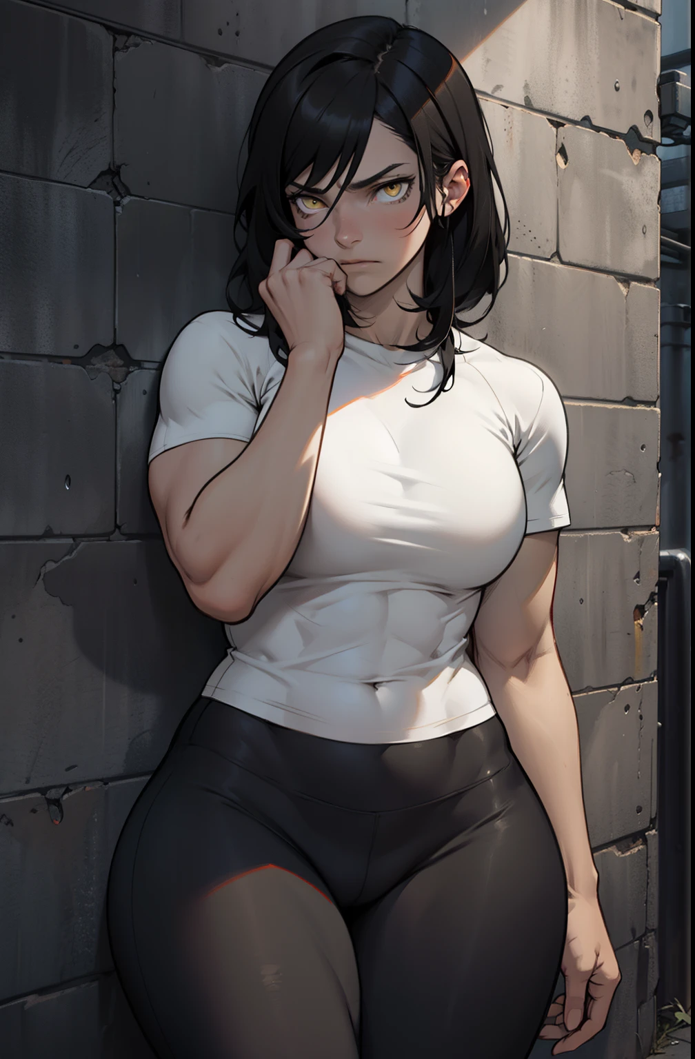 1girl muscular pale skin black hair yellow eyes black against wall sad expressionless tight shirt leggings thick thick thick thick muscular muscular muscular muscular muscular girl dark atmosphere sad expressionless sad expressionless sad expressionless thick thick