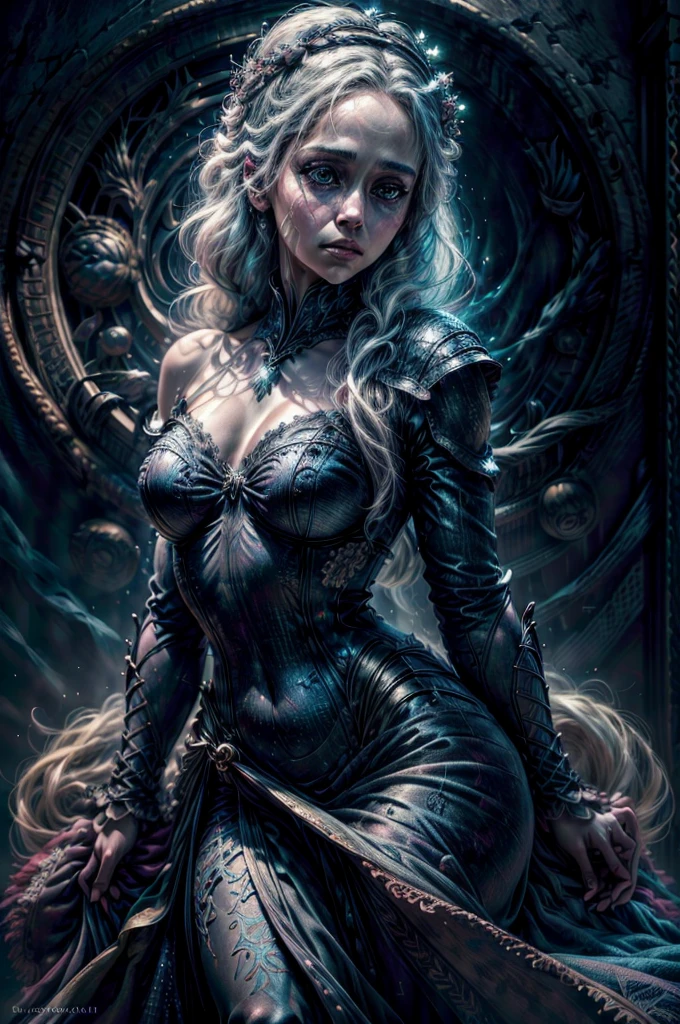 (best quality,4k,highres,masterpiece:1.2),ultra-detailed,(realistic,photorealistic,photo-realistic:1.37),Daenerys Targaryen portrait,beautiful detailed eyes,beautiful detailed lips,extremely detailed eyes and face,long eyelashes,gorgeous woman,confident expression,soft skin tones,elaborate braided blonde hair flowing down her back,flowing blue dress,light blue eyes,sharp focus,stunningly vibrant colors,low-key lighting,mysterious atmosphere