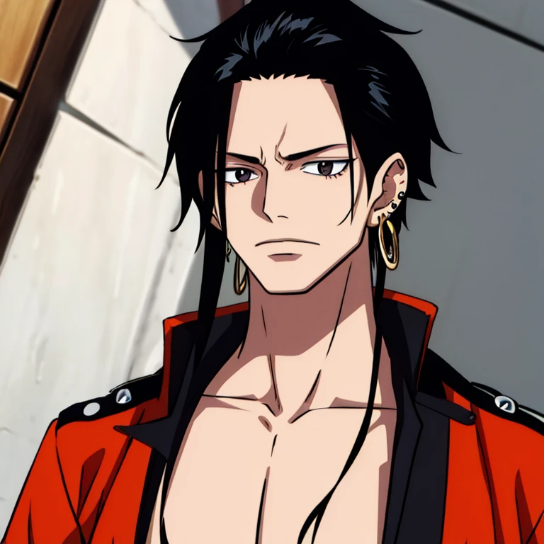 Black haired man , with many piercings and long black hair