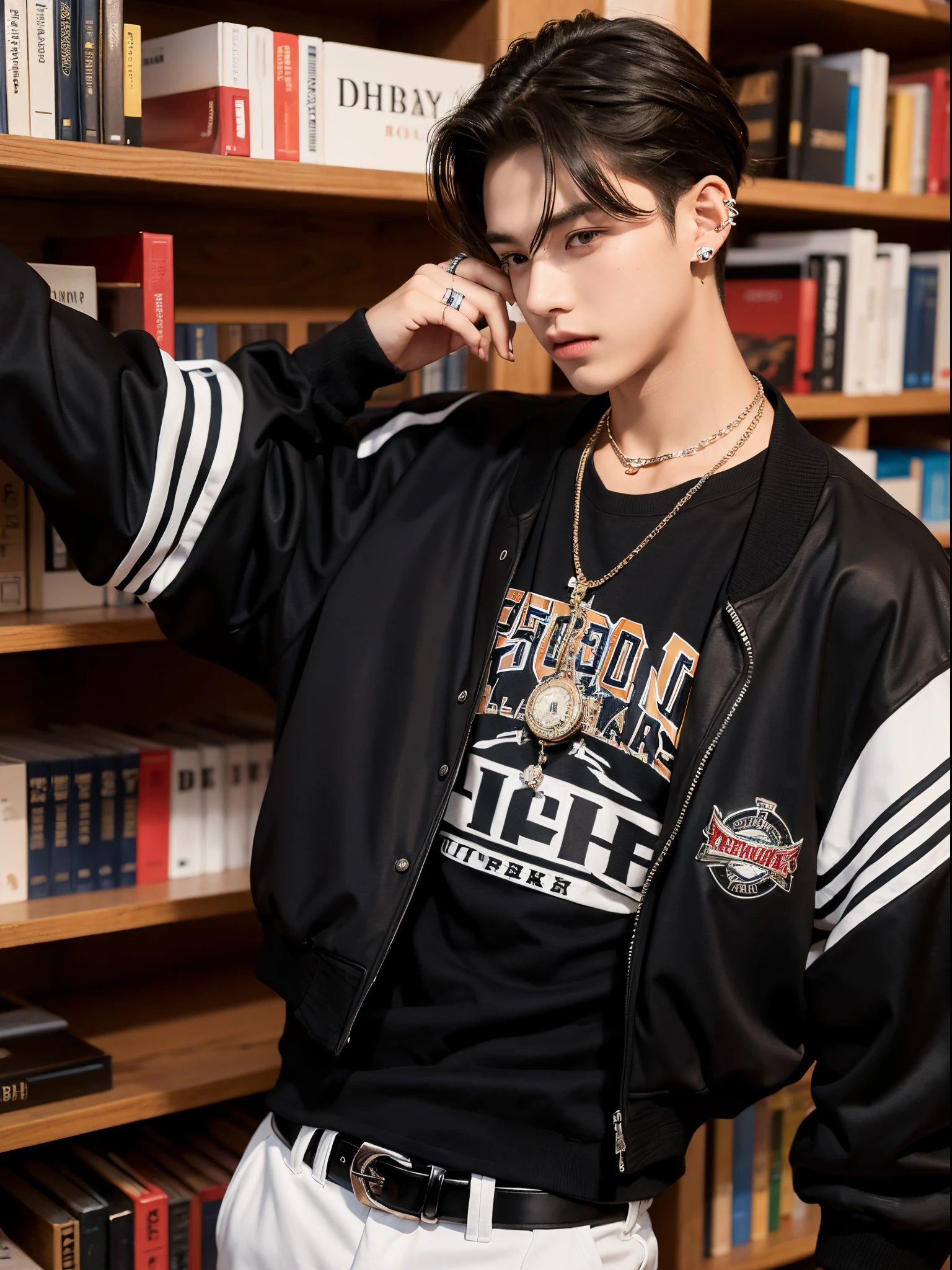 boy, , slick back, baseball jacket, rings, bracelet, necklace, belt, piercing, school, library