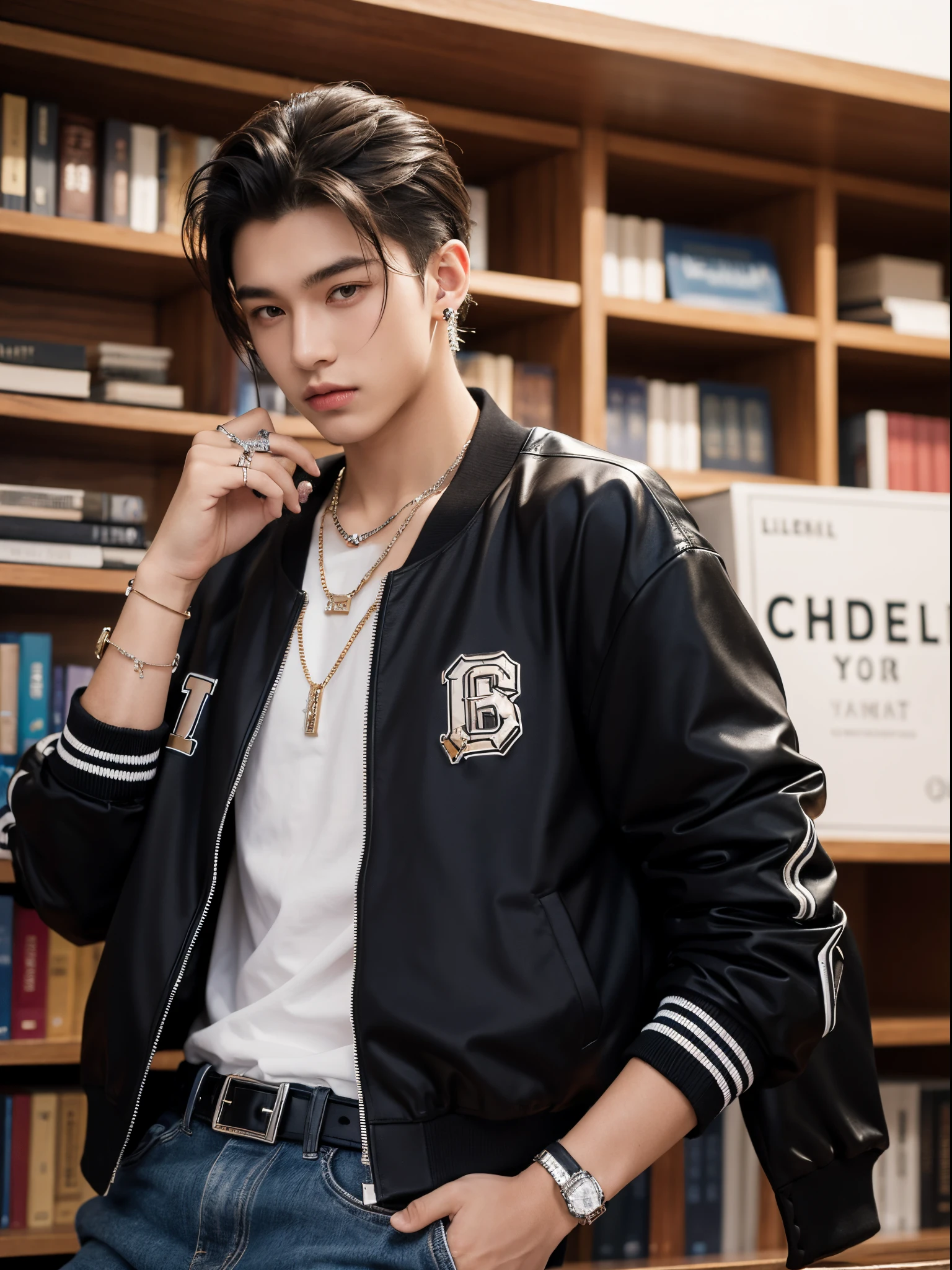 boy, 17 years old, slick back, baseball jacket, rings, bracelet, necklace, belt, piercing, school, library