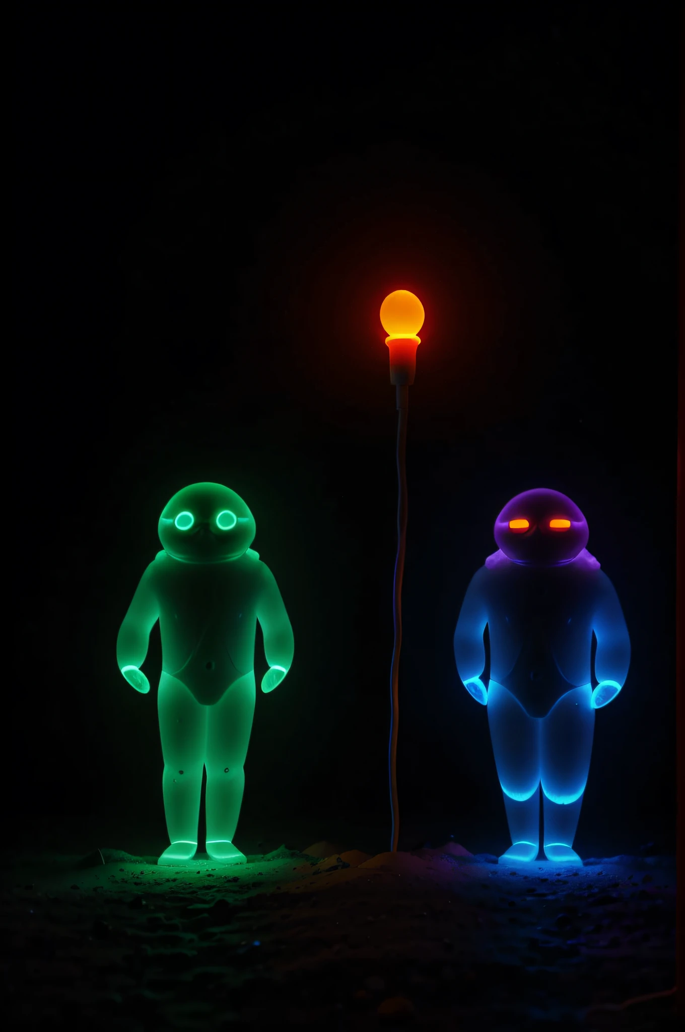 orange and blue bioluminescent worship object and beings