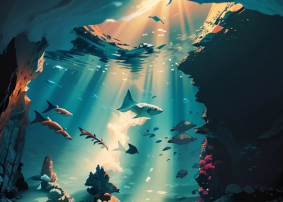 Underwater scenery, wide angle view, ((silhouette)), deep blue mood, dark environment, very deep water, cave diving, (((view from sea bottom, miles far away from water surface))), looking upward, hazy back lighting)), flocks of fishes 🐟🐟🐟🐟🐟🐟🐟🐟, many rare sea creatures, Tardigrade, (Pantopoda), Giant Isopod, Chimaera, prehistoric sea creature, sea cliffs, epic acrylic painting